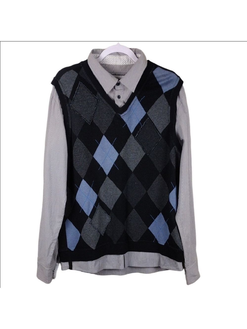 Blue Guru Black Argyle Pin Stripe Long Sleeve Pullover Combo Shirt Sweater Vest